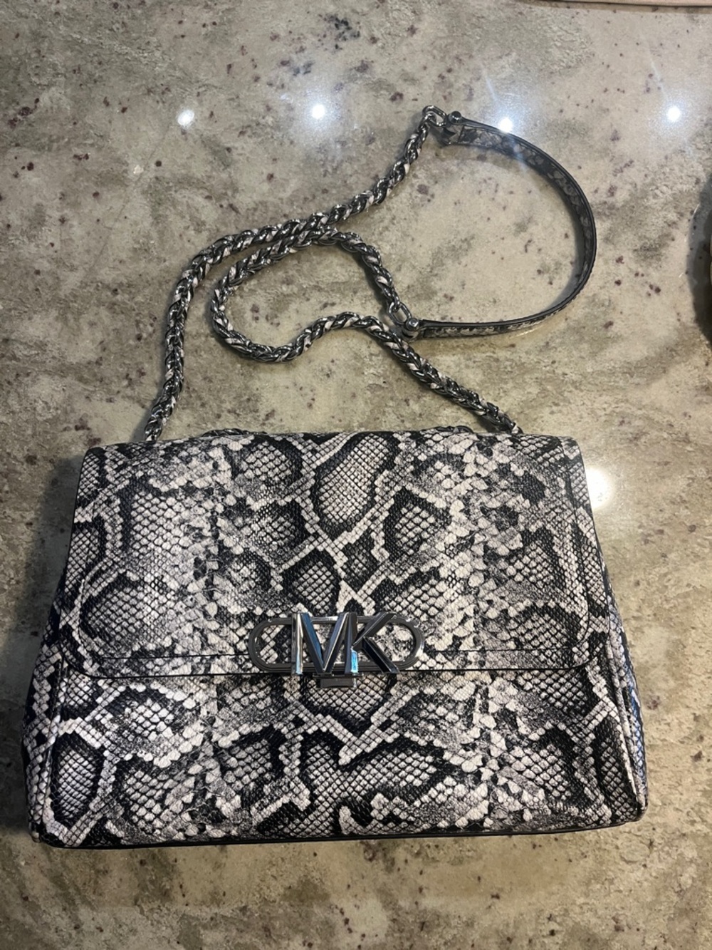 Michael Kors Black & White Snake-Print Crossbody with Silver Chain
